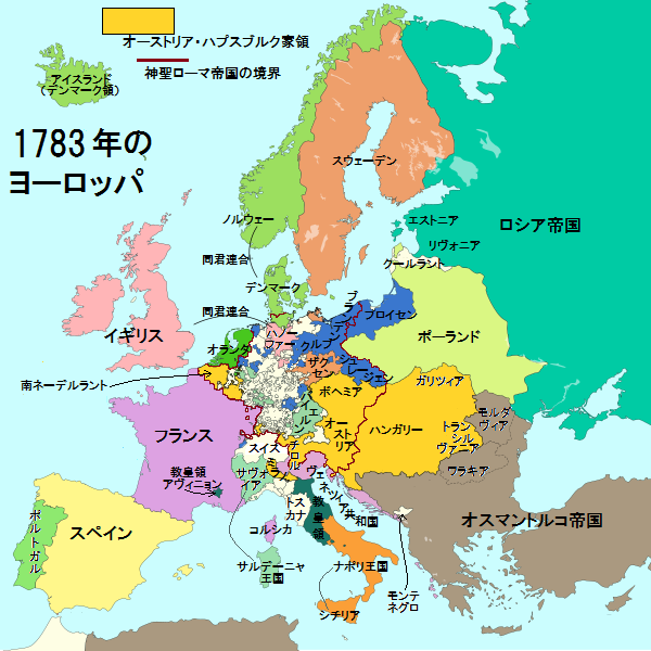 オーストリア帝国の地図、1750年頃（カラー彫刻）